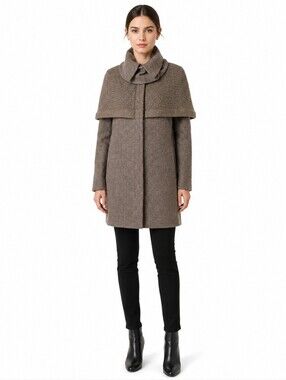 Hanii Y Wool Blend Cape Coat Brown Knit Overlay Funnel Collar Size 38 Small